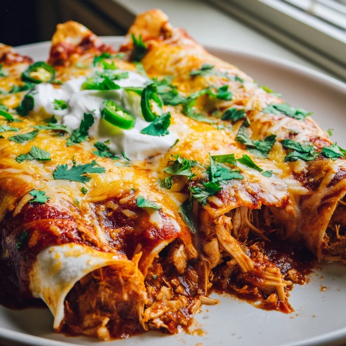 Sliced Chicken Enchiladas served with sour cream, ready to enjoy for a Mexican dinner.