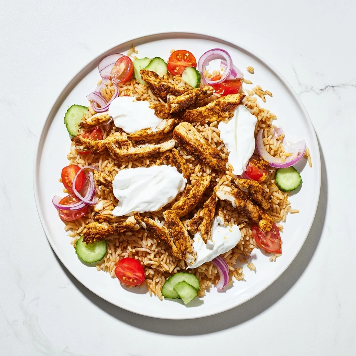 Colorful Chicken Shawarma Crispy Rice Salad with diced cucumber and tomatoes. 