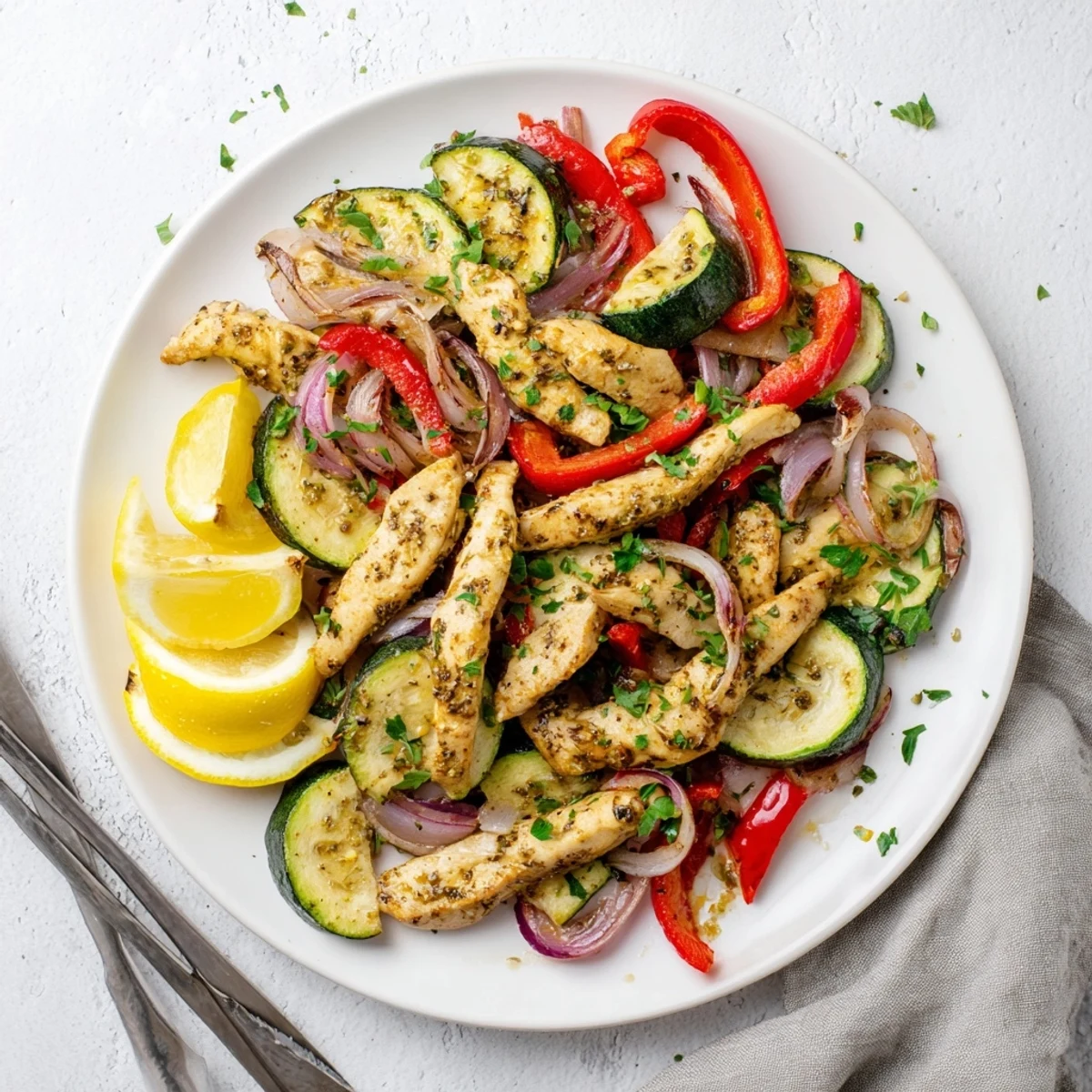 Sizzling Mediterranean Chicken Stir Fry with tender chicken strips, garlic, and oregano on a rustic wooden table.