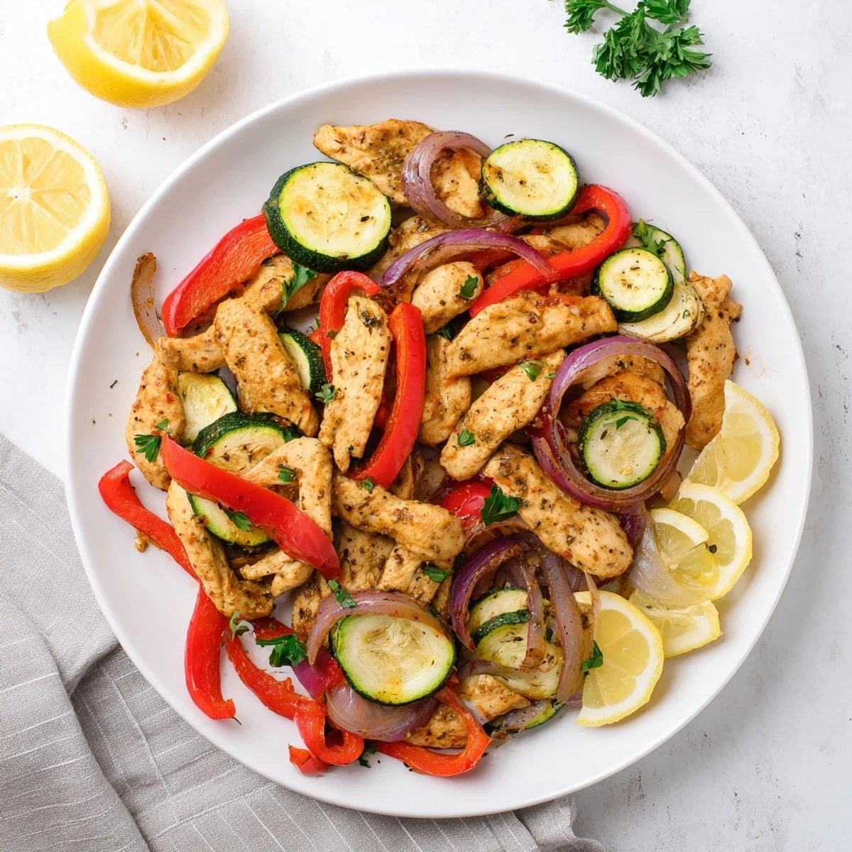 Freshly garnished Mediterranean Chicken Stir Fry featuring juicy chicken, vibrant vegetables, and lemon wedges for serving.