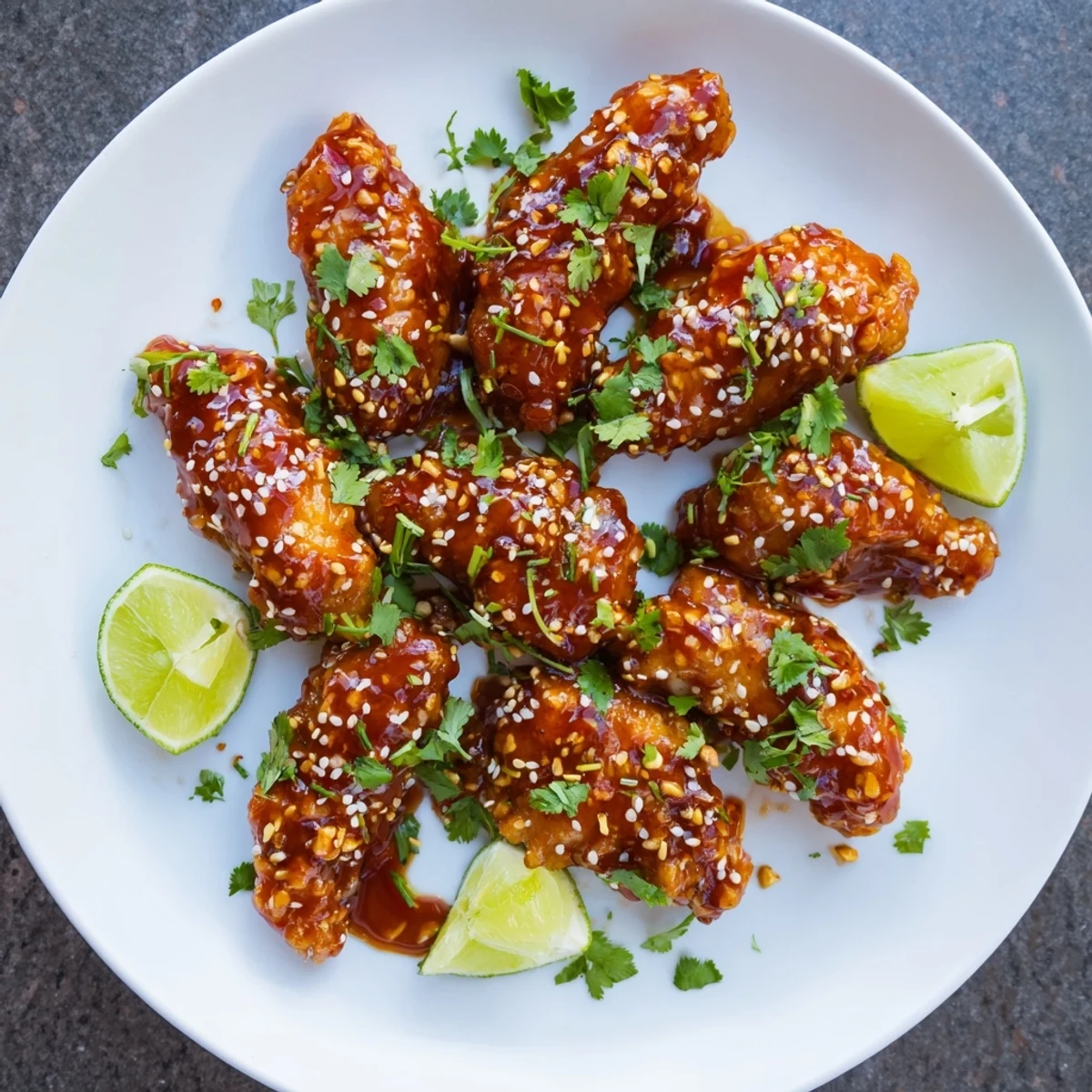 Tender Thai Sticky Chicken Fingers tossed in a tangy sauce, served hot and sticky with cilantro and sesame seed garnish