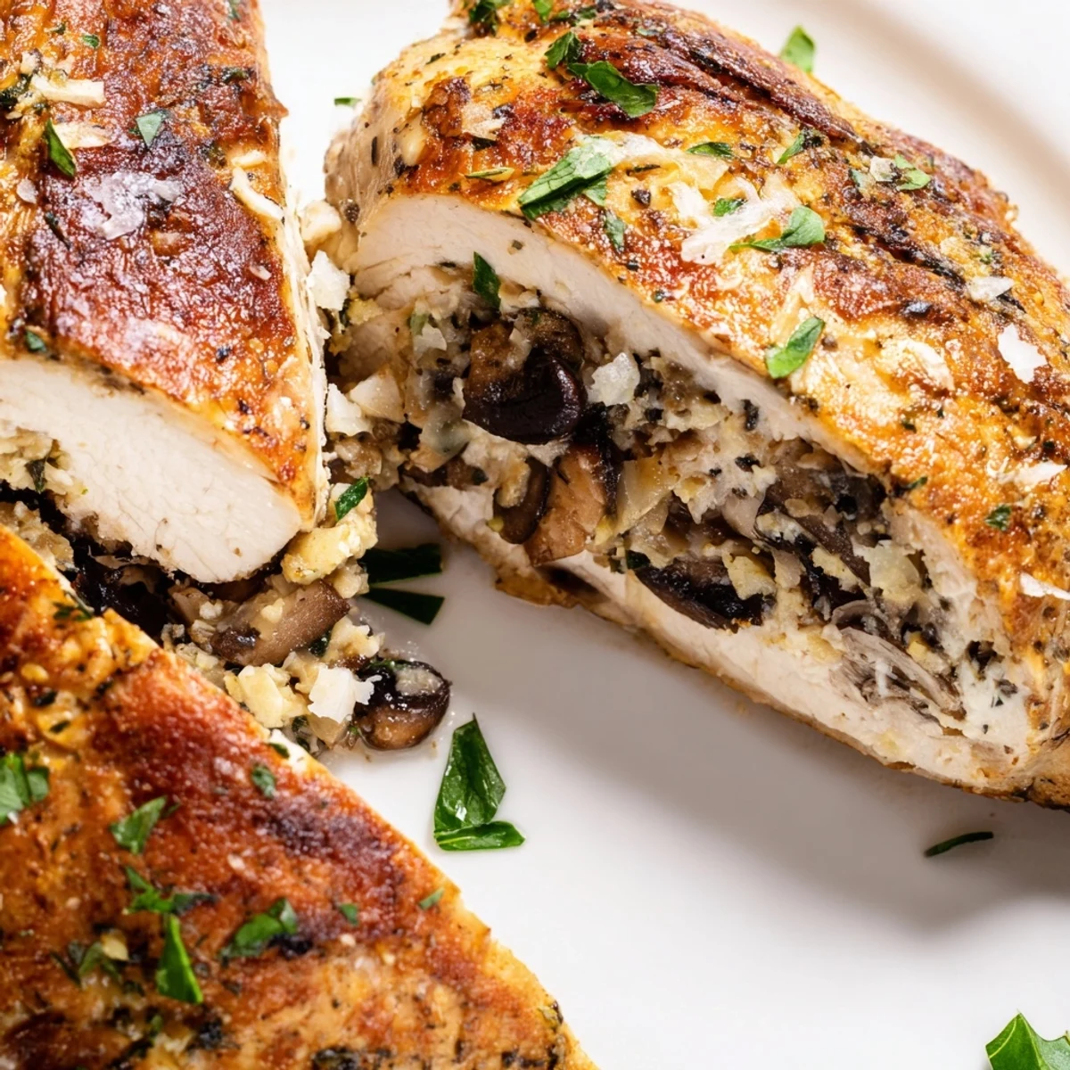 Golden-brown Flavorful Mushroom Stuffed Chicken Breast resting on a white plate, garnished with fresh parsley.