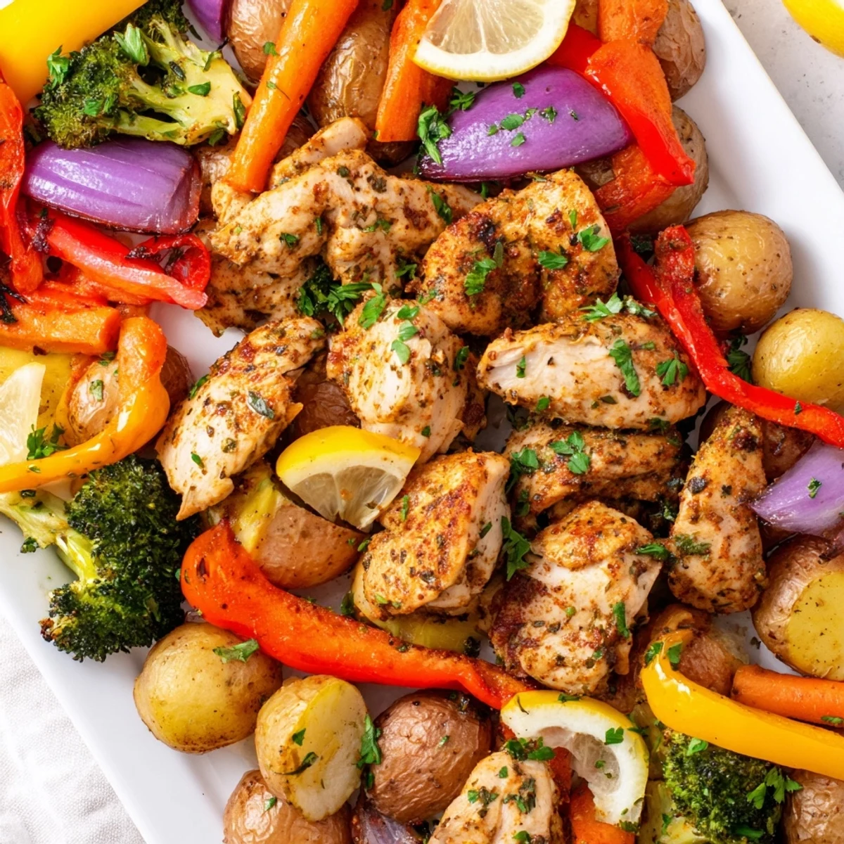 Freshly baked Sheet Pan Lemon Herb Chicken and Vegetables garnished with parsley, showcasing tender potatoes, carrots, and bell peppers.