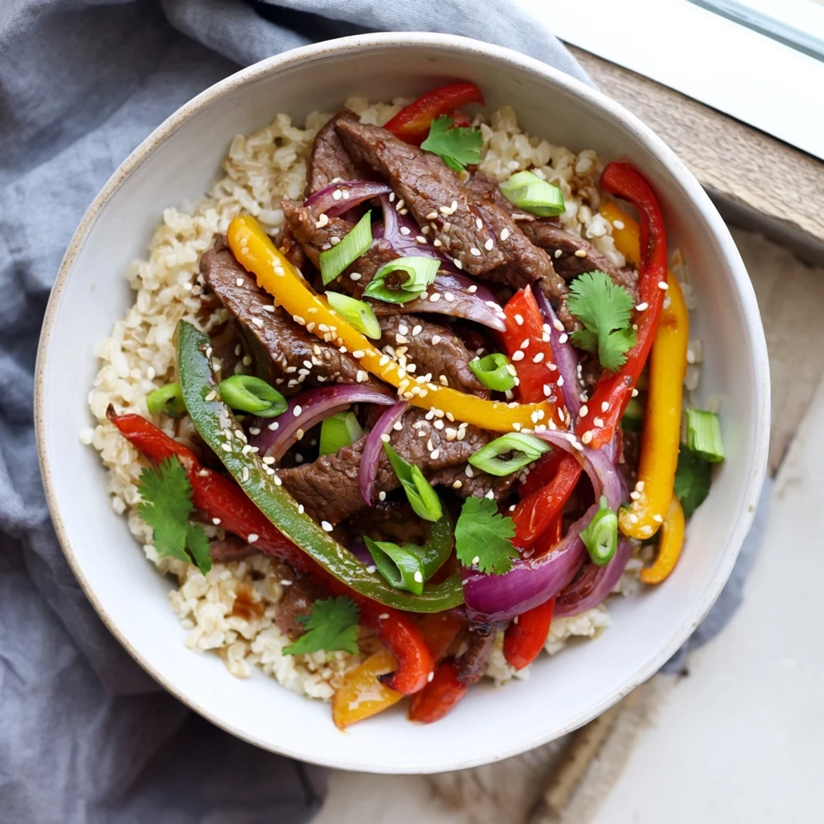 A close-up of a Healthy Beef and Pepper Rice Bowl with colorful bell peppers and tender beef strips garnished with sesame seeds.