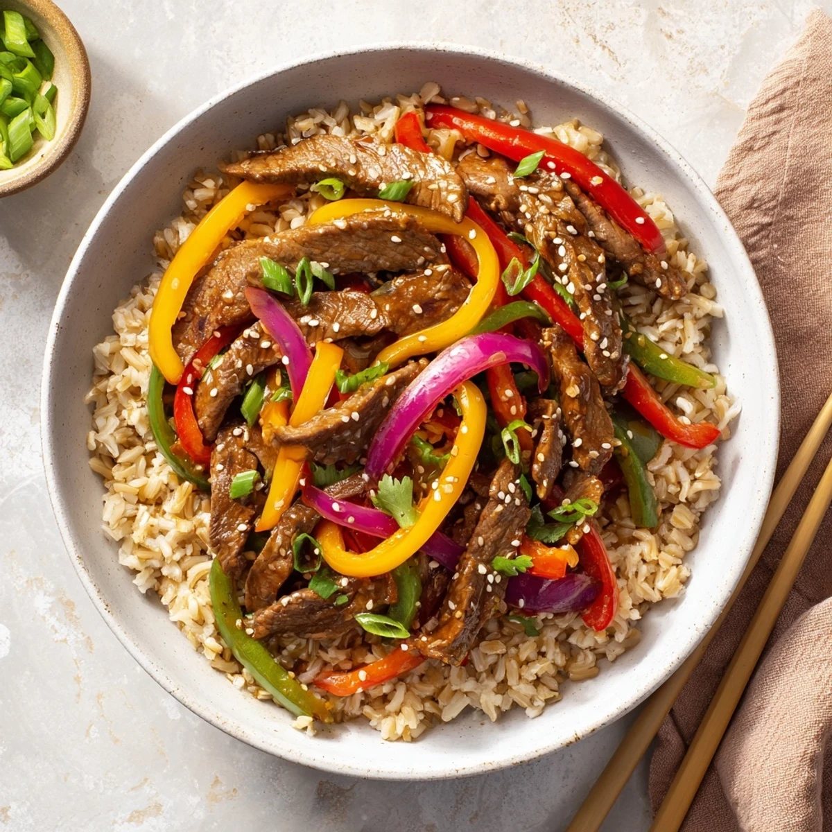 Serve the Healthy Beef and Pepper Rice Bowl in a white ceramic bowl topped with fresh green onions and cilantro.