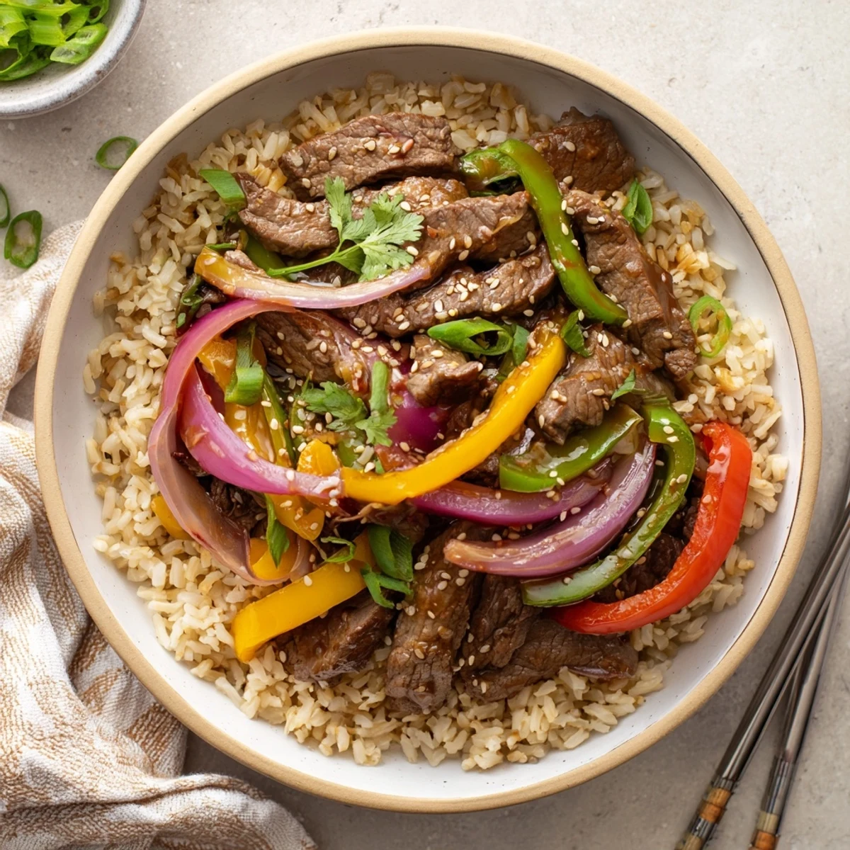 The Healthy Beef and Pepper Rice Bowl features a savory garlic-ginger sauce drizzled over fluffy brown rice and crisp vegetables.