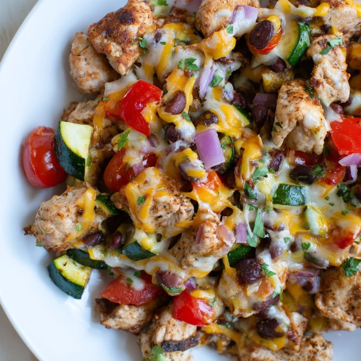 Steaming Tex Mex Chicken and Zucchini served in a cast-iron pan with lime wedges and diced tomatoes nearby.
