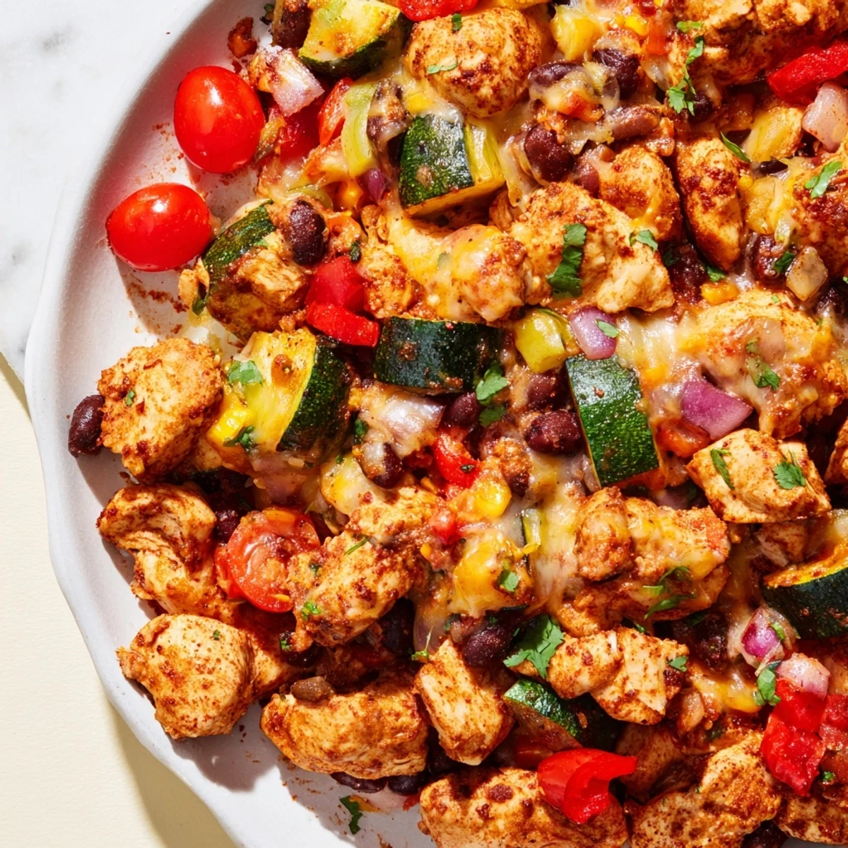 Plated Tex Mex Chicken and Zucchini topped with cilantro, ready to be served with warm flour tortillas.