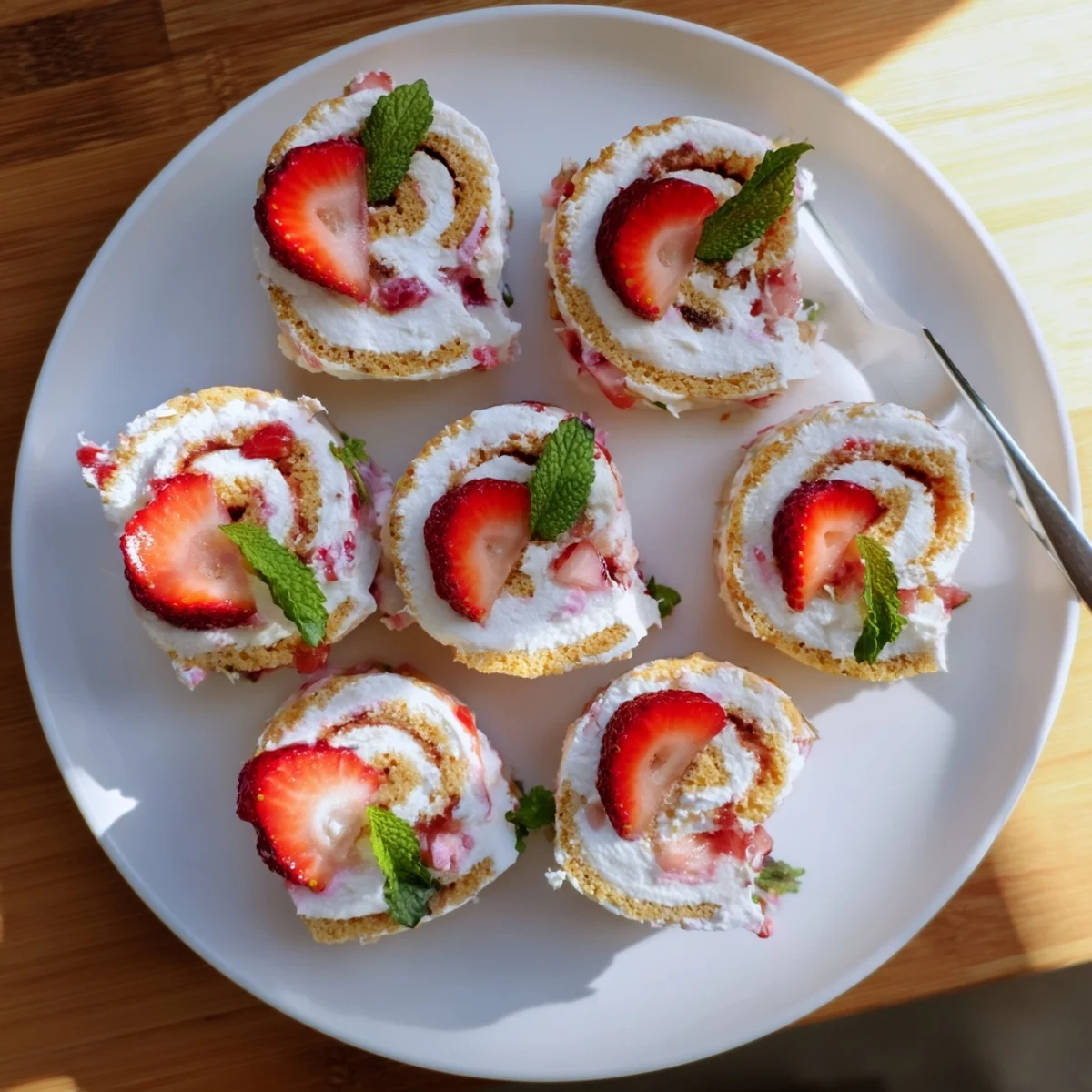 Golden rolled strawberry shortcake sushi with fresh strawberry slices and mint garnish on white plate