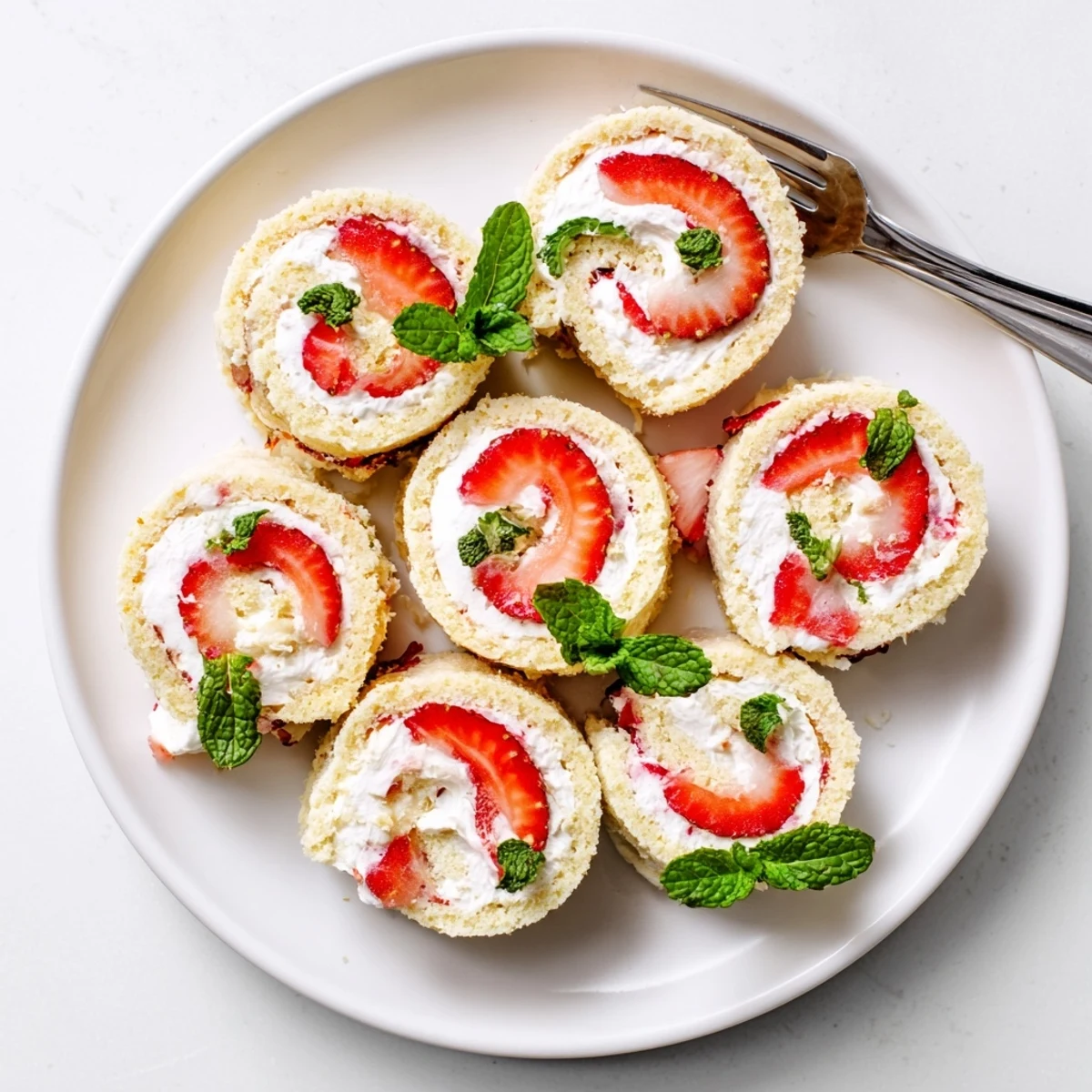 Close-up of bite-sized strawberry shortcake sushi featuring vanilla cake whipped cream and diced strawberries