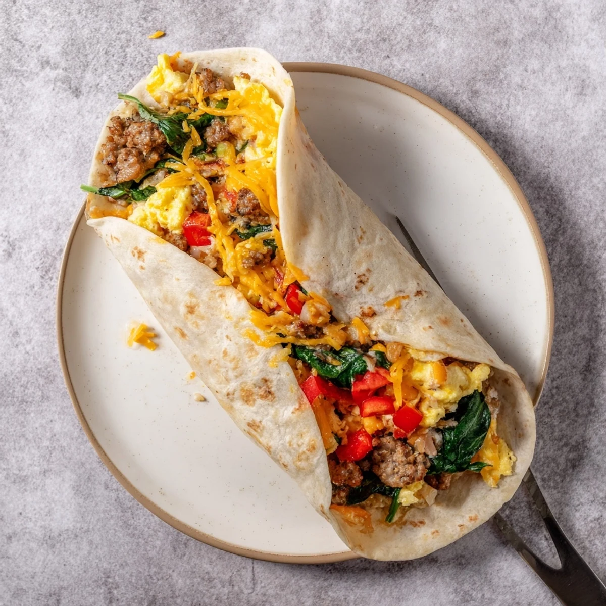 Hearty breakfast burritos loaded with fluffy scrambled eggs sausage and colorful peppers ready for grab-and-go mornings