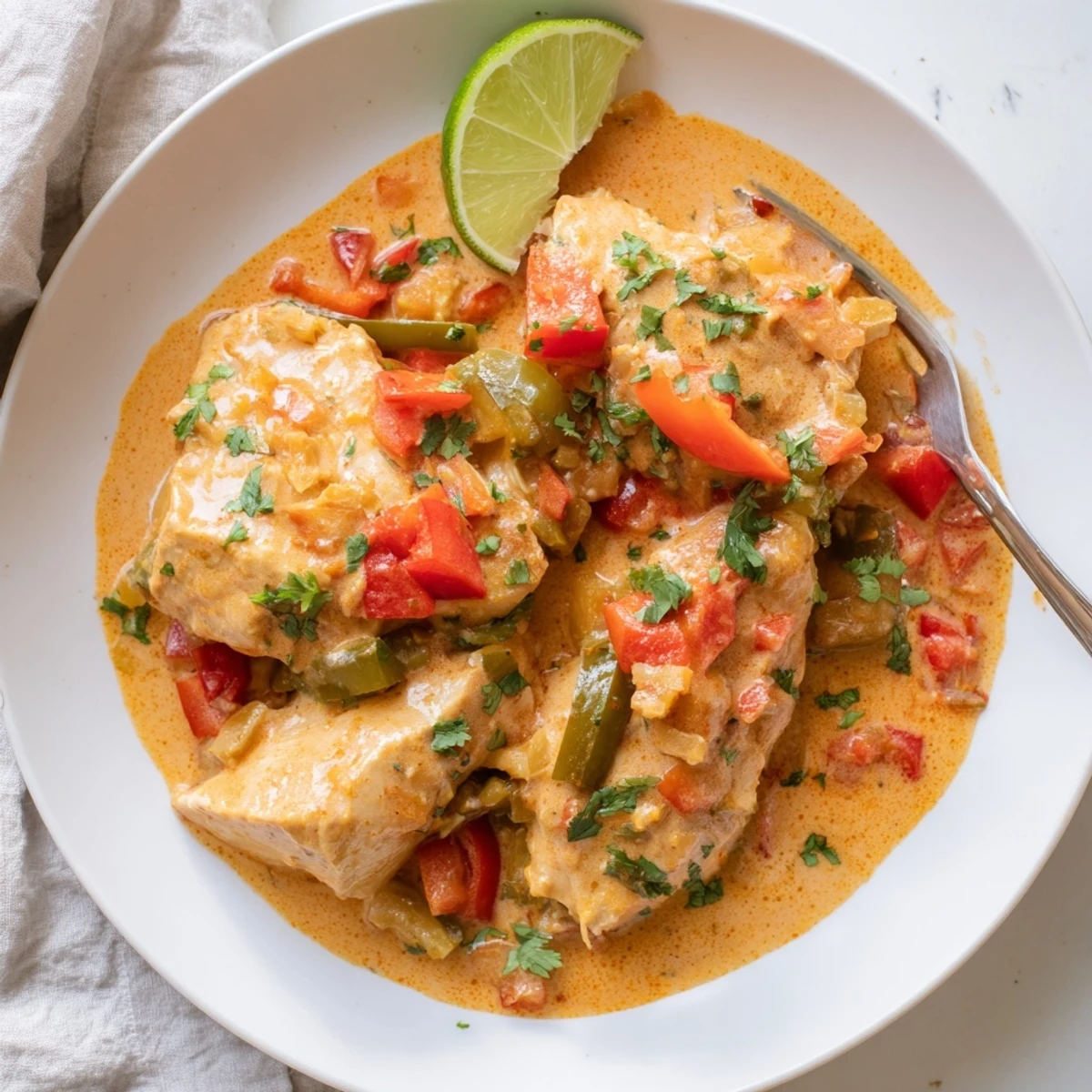Vibrant spicy Brazilian coconut chicken served over white rice with fresh cilantro and lime wedges