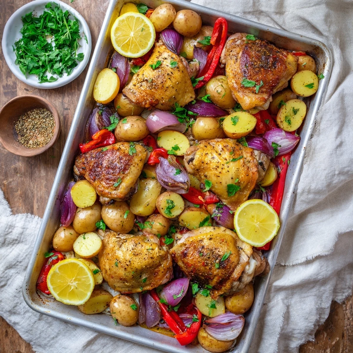 Golden roasted sheet pan chicken and potatoes with colorful vegetables and fresh parsley garnish on a baking sheet