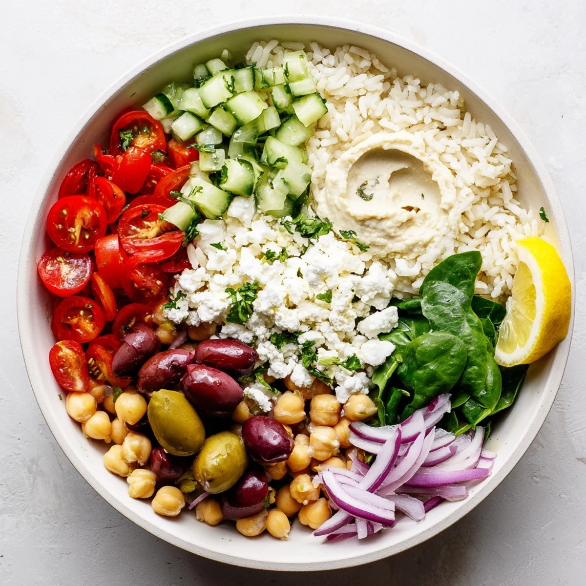 Close-up of vegetarian Mediterranean rice bowl with chickpeas, bell peppers, and golden tahini dressing poured over top