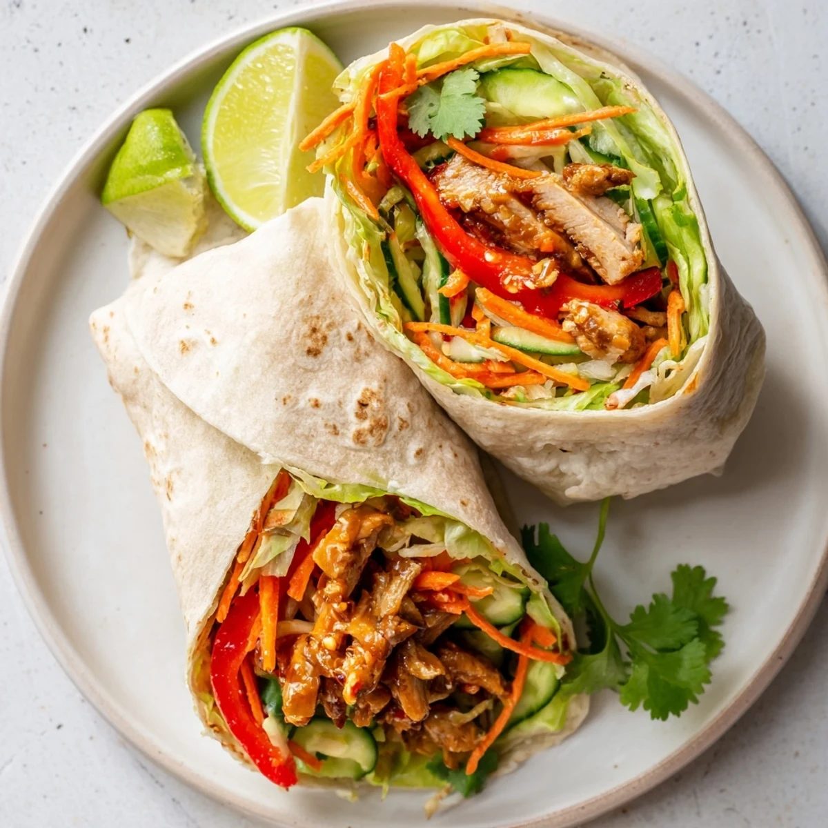 Golden sweet chili chicken wrapped in soft flour tortilla with colorful crisp vegetables