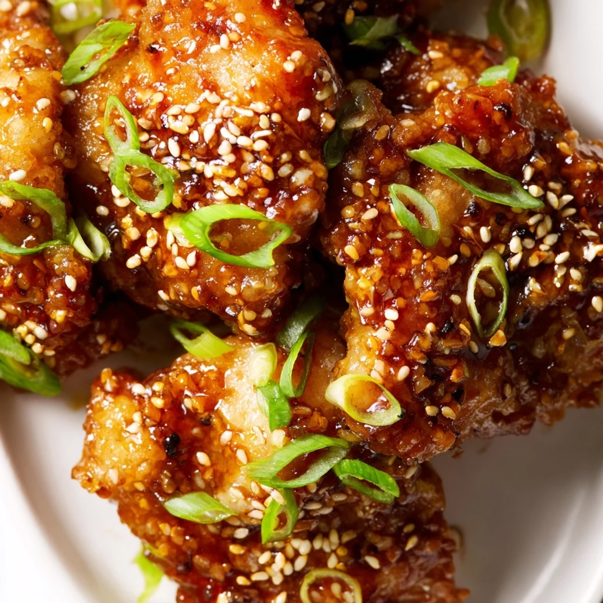 Mongolian chicken garnished with fresh green onions and toasted sesame seeds on serving platter