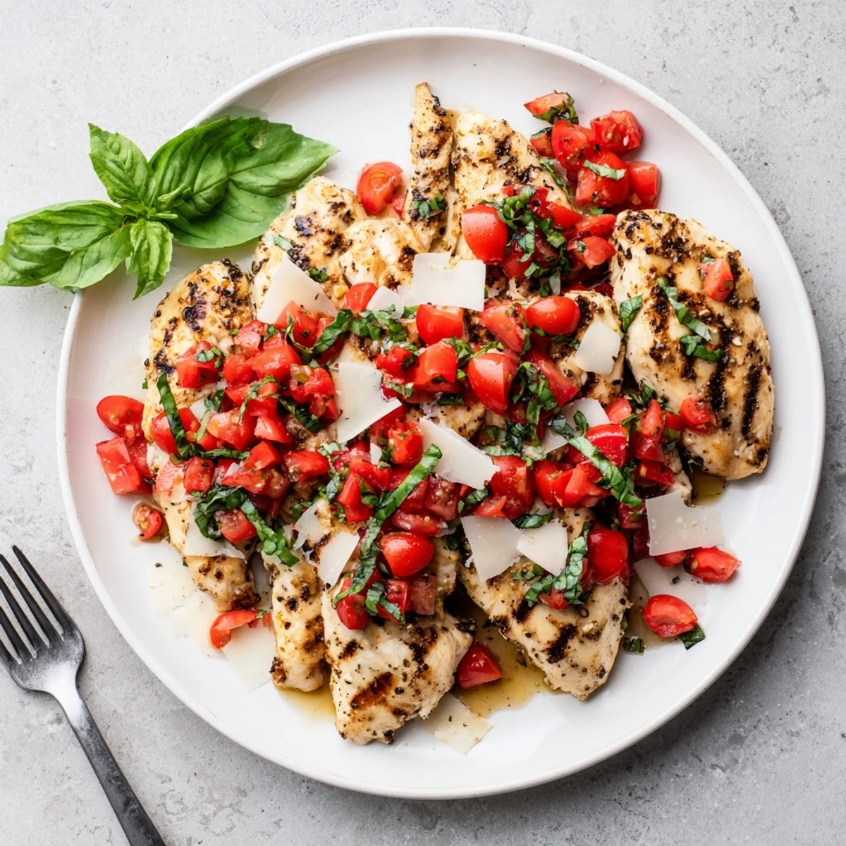 Savory grilled chicken served with bruschetta topping featuring cherry tomatoes, basil, and balsamic glaze