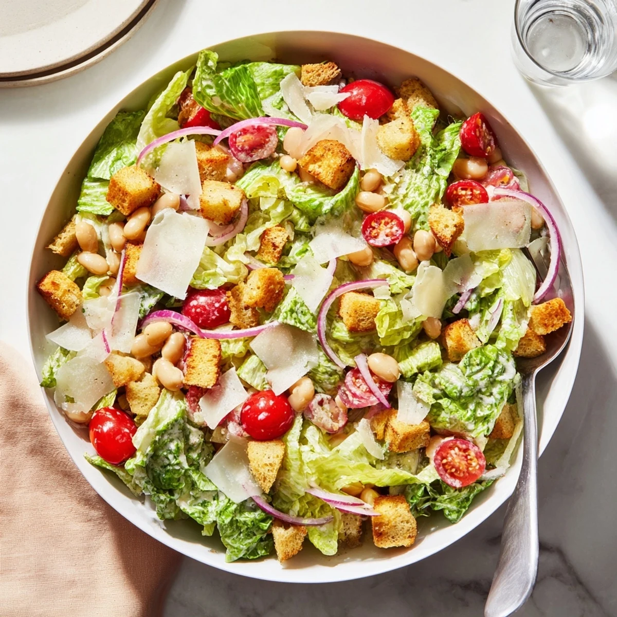 Fresh butter bean Caesar salad with crisp romaine, cherry tomatoes, and creamy homemade dressing drizzled over crunchy croutons