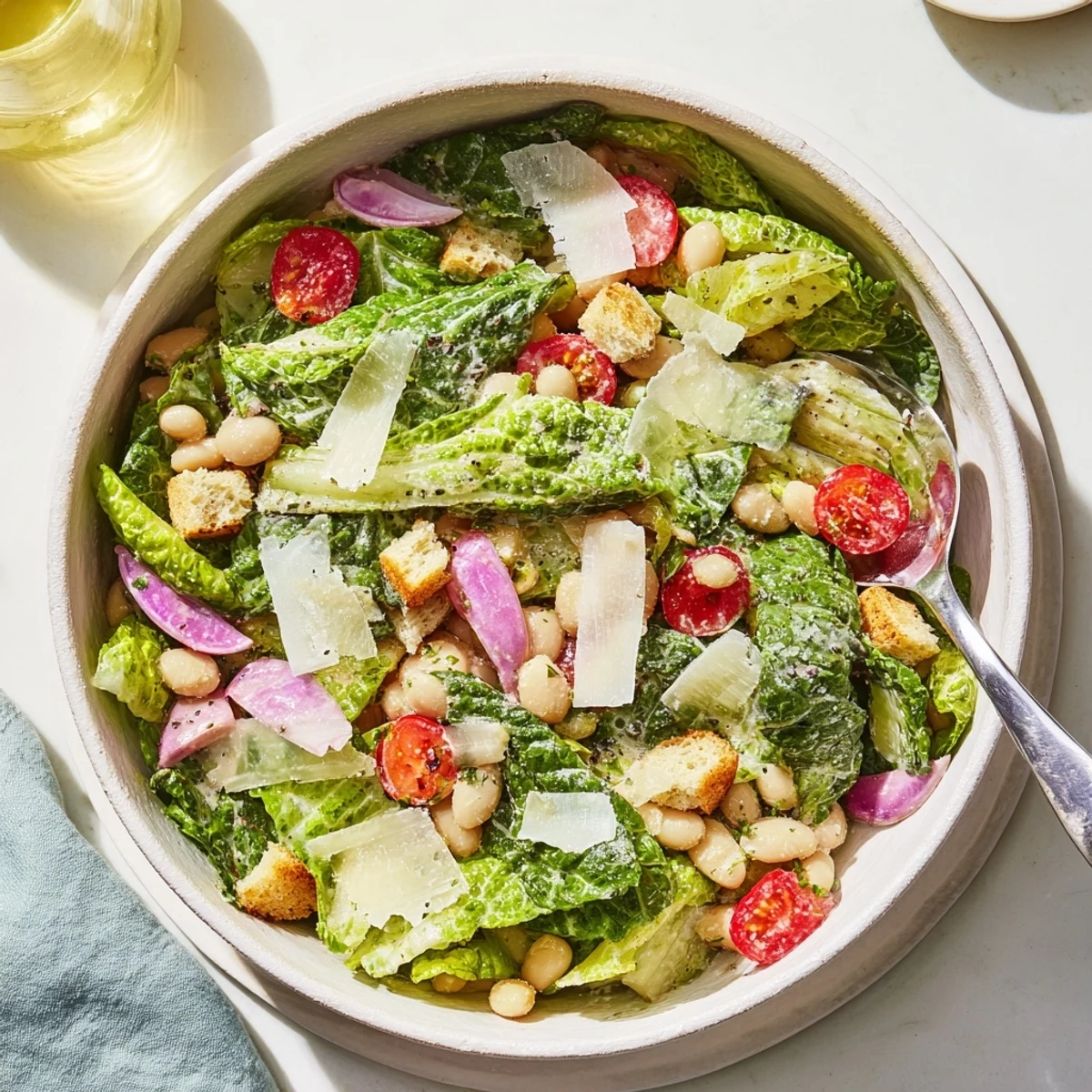 Creamy butter bean Caesar salad featuring crisp lettuce, red onion, and golden croutons coated in zesty homemade dressing