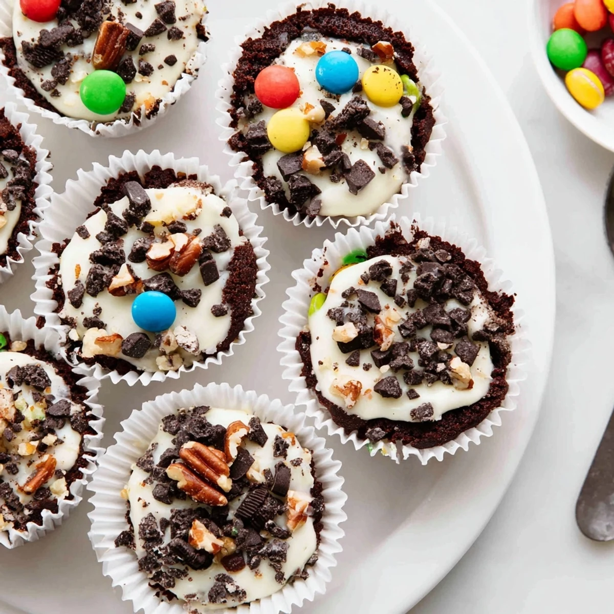 Rich fudgy loaded brownie cheesecake cups topped with colorful M&Ms and chocolate chips