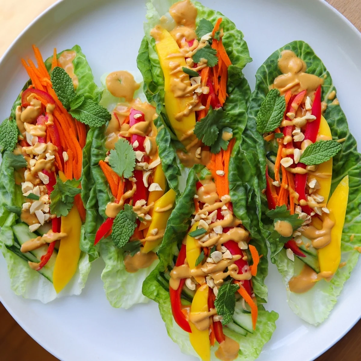 Fresh Thai mango cabbage wraps filled with colorful vegetables and drizzled with creamy peanut sauce