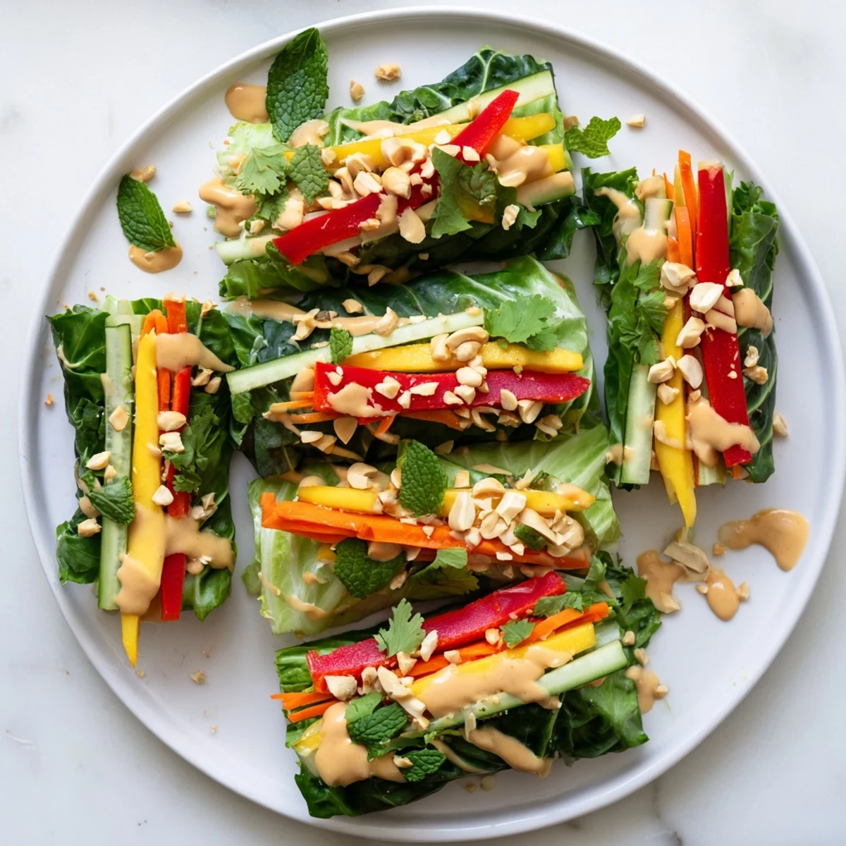 Handheld Thai mango cabbage wraps featuring crunchy julienned vegetables swimming in rich peanut sauce