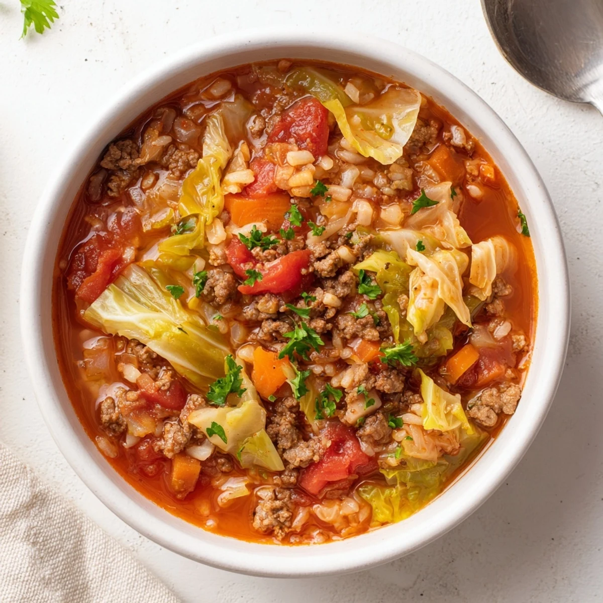 Steamy bowl of unstuffed cabbage roll soup garnished with fresh parsley and sour cream