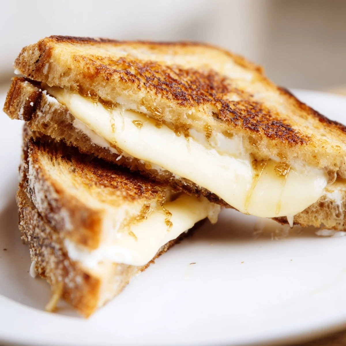 Golden brown goat cheese and honey grilled cheese sandwich on rustic bread with melted cheese layers
