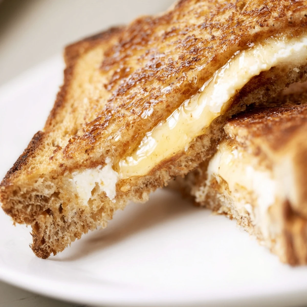 Sliced goat cheese and honey grilled cheese sandwich showing creamy filling and golden buttery crust