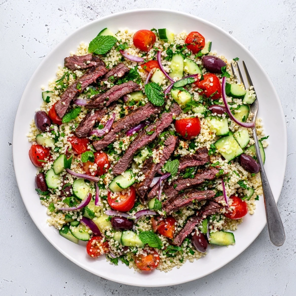 Golden grilled skirt steak slices arranged over fluffy herb couscous salad with colorful fresh vegetables