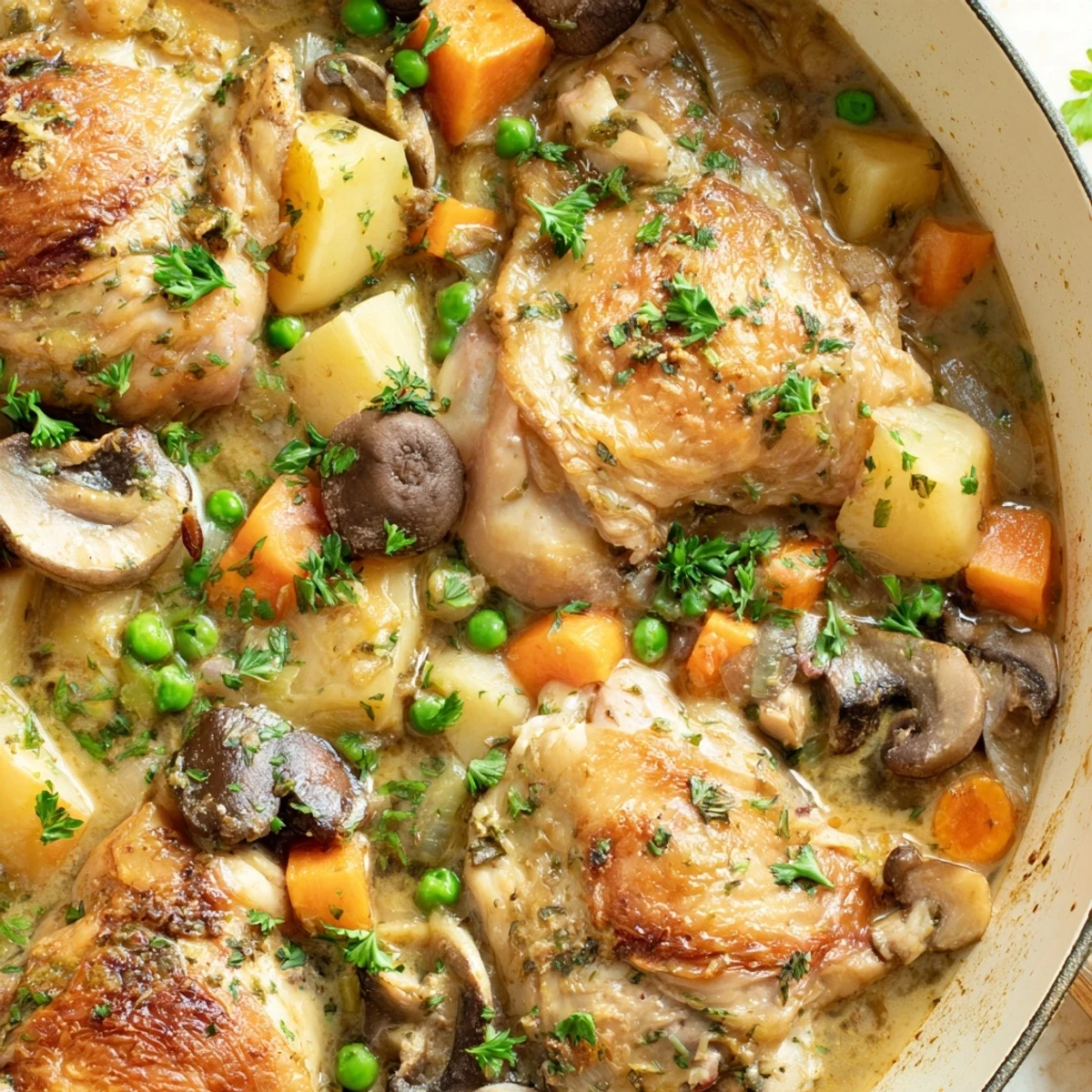 Golden French chicken casserole with tender thighs, root vegetables, and creamy herb sauce bubbling in a Dutch oven