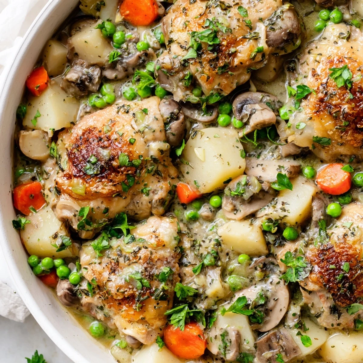 Rustic French chicken casserole served in shallow bowl with crusty bread, featuring moist chicken, carrots, and potatoes in rich wine sauce