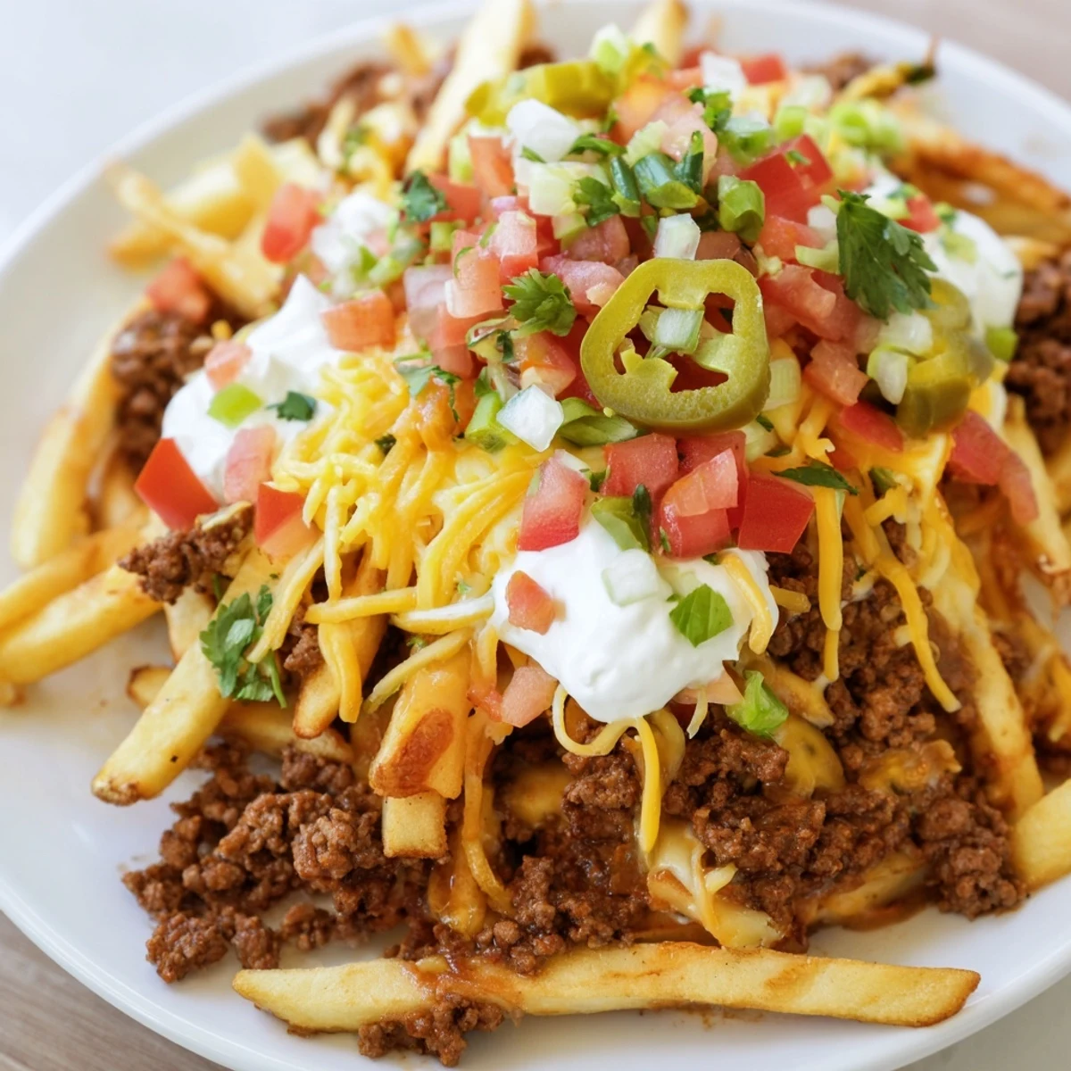 Golden crispy fries piled high with seasoned taco beef and melted cheddar cheese