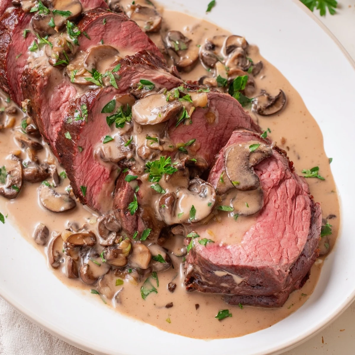 Sliced pink beef tenderloin drizzled with velvety white mushroom cream sauce on a white plate