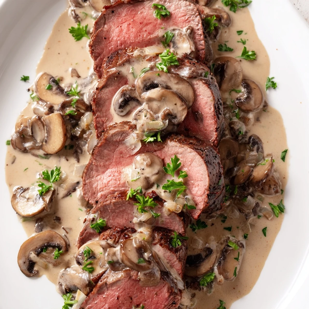Elegant dinner of melt-in-your-mouth beef tenderloin slices covered in luxurious golden mushroom cream sauce