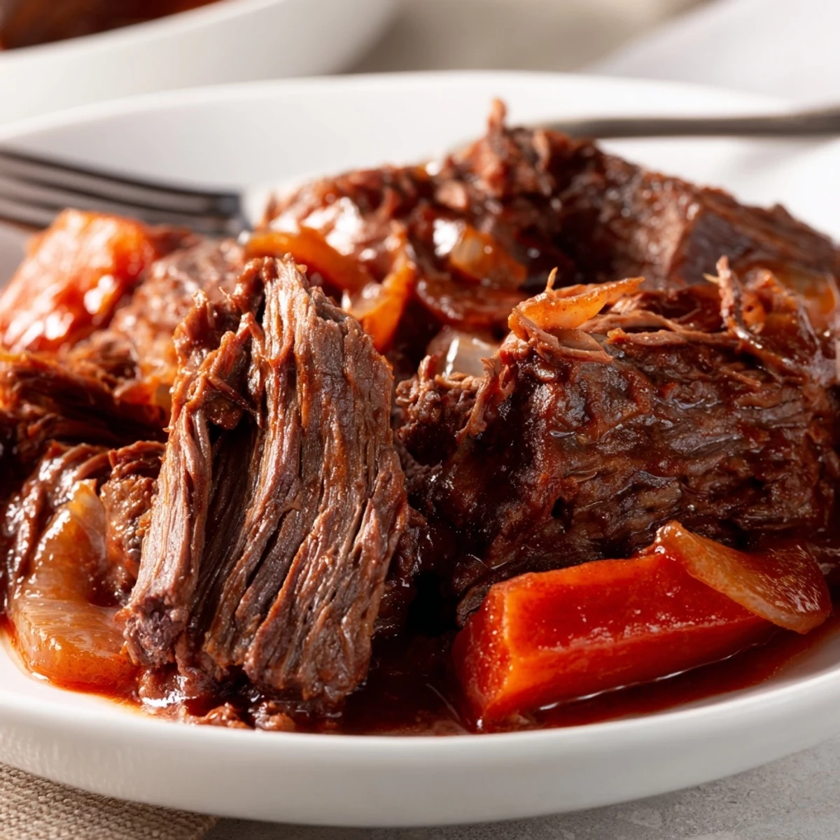 Garnished braised chuck roast in red grape juice glaze alongside tender roasted carrots and fresh herb sprigs