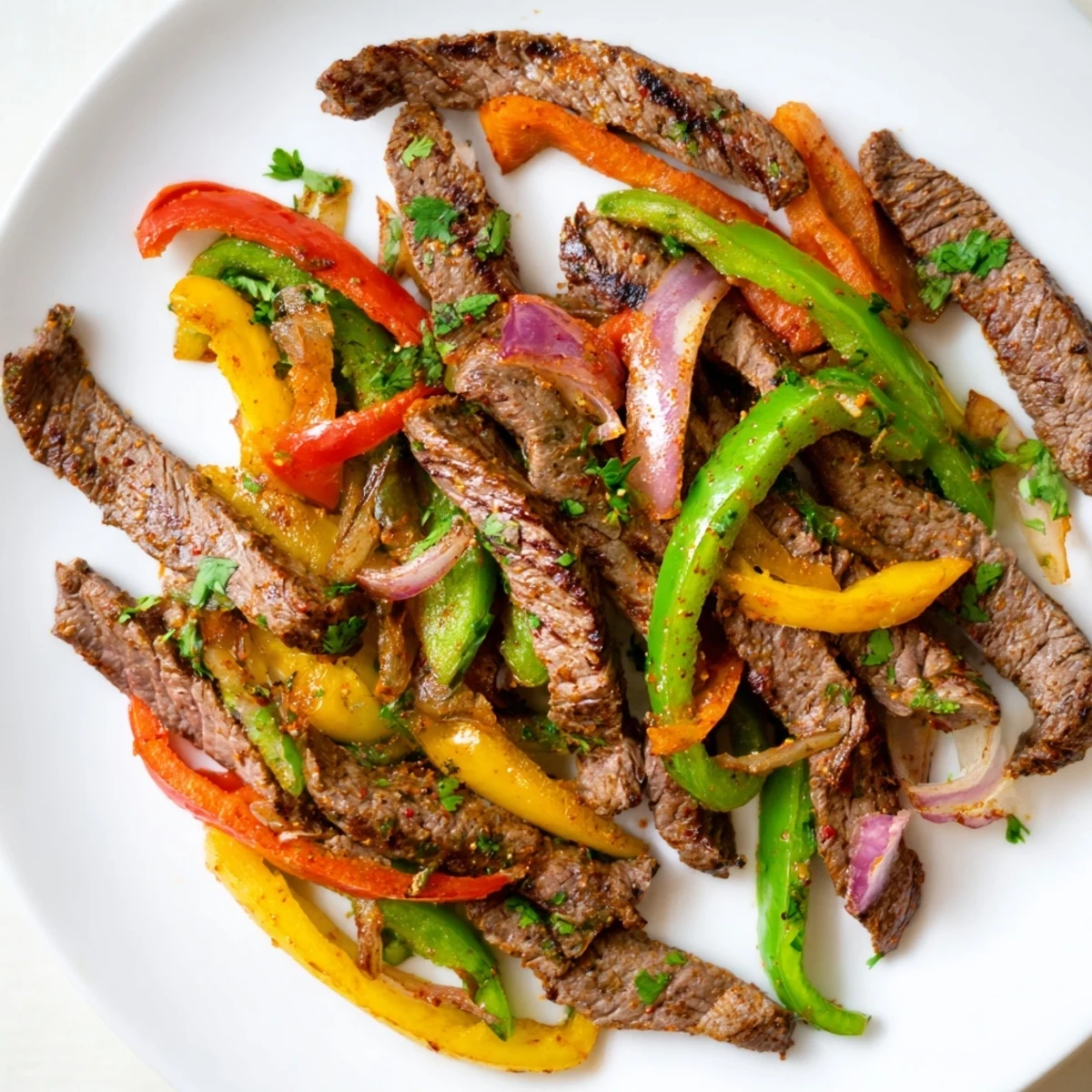 Sizzling grilled steak fajita platter with juicy sliced flank steak, colorful sautéed peppers and onions arranged on a large serving board with warm tortillas on the side