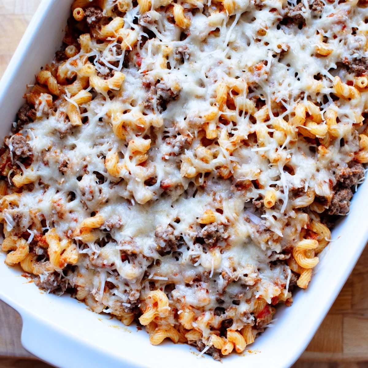 Comforting Garlic Butter Beefaroni pasta bake with golden brown melted cheese layer