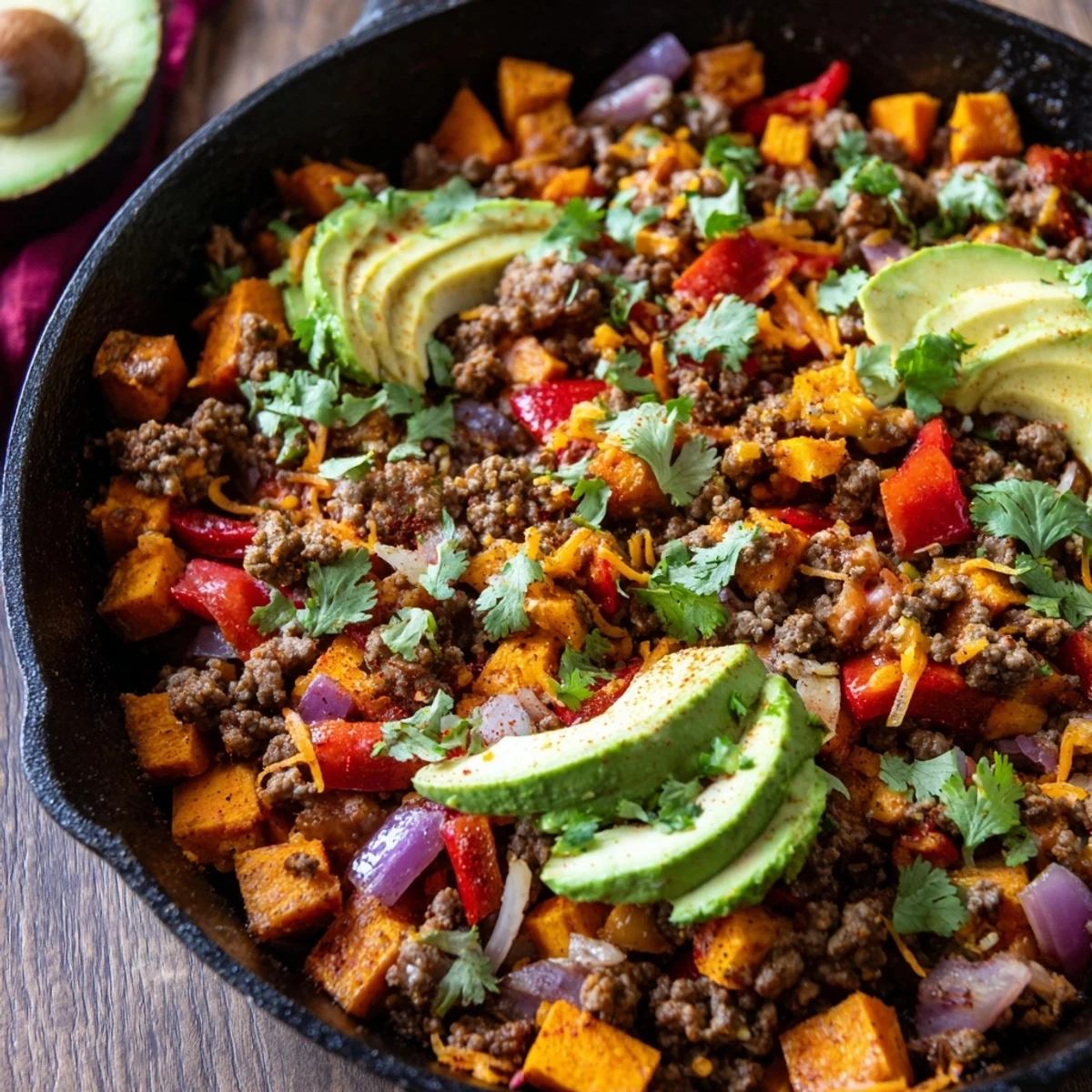 Sizzling Southwest ground beef and sweet potato skillet served in a cast iron pan with melty cheese
