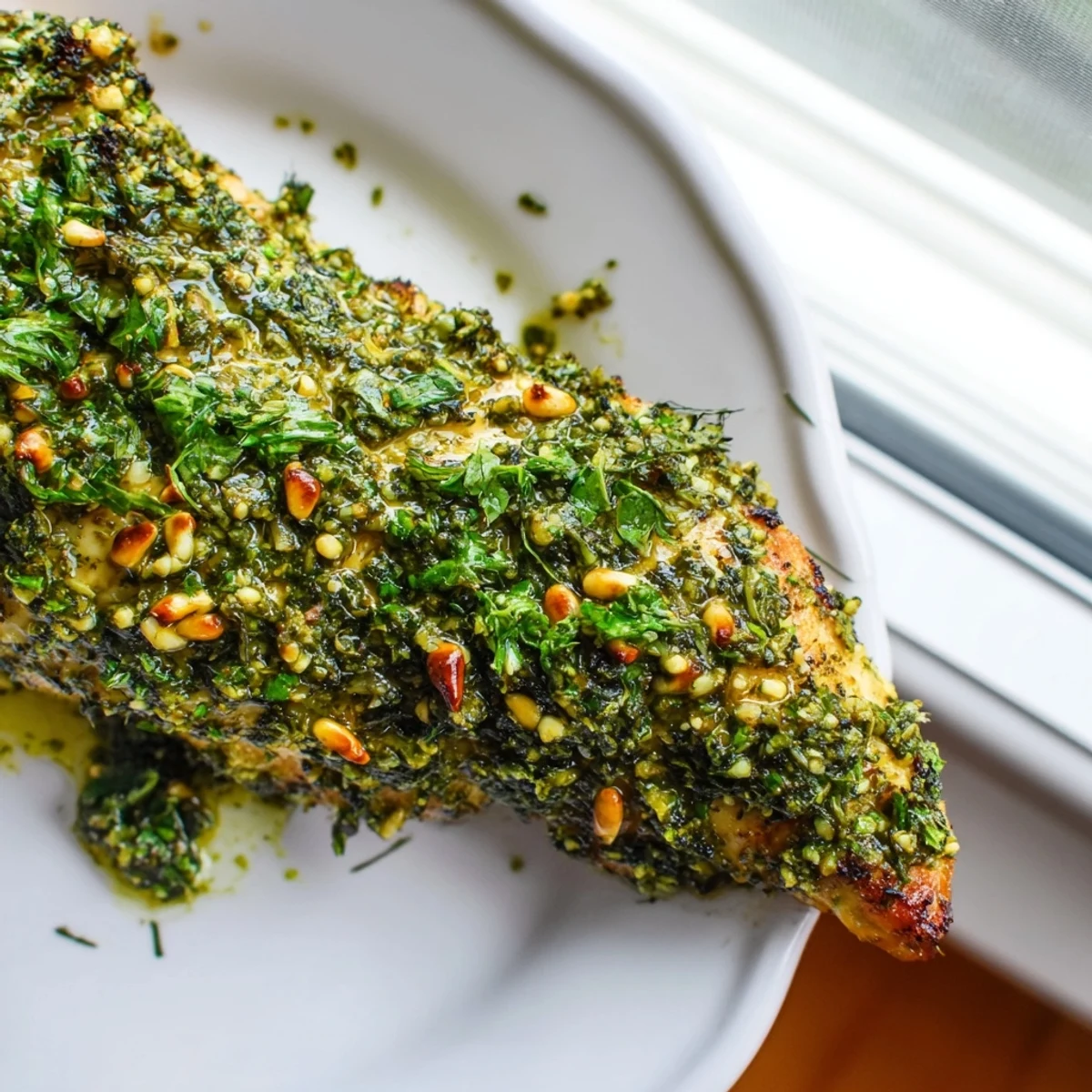Golden baked chicken breasts topped with vibrant green lemon basil pesto sauce