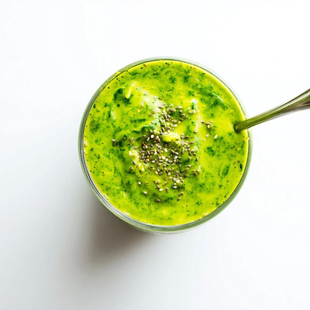Creamy Greek yogurt green smoothie poured into a tall glass with vibrant green color