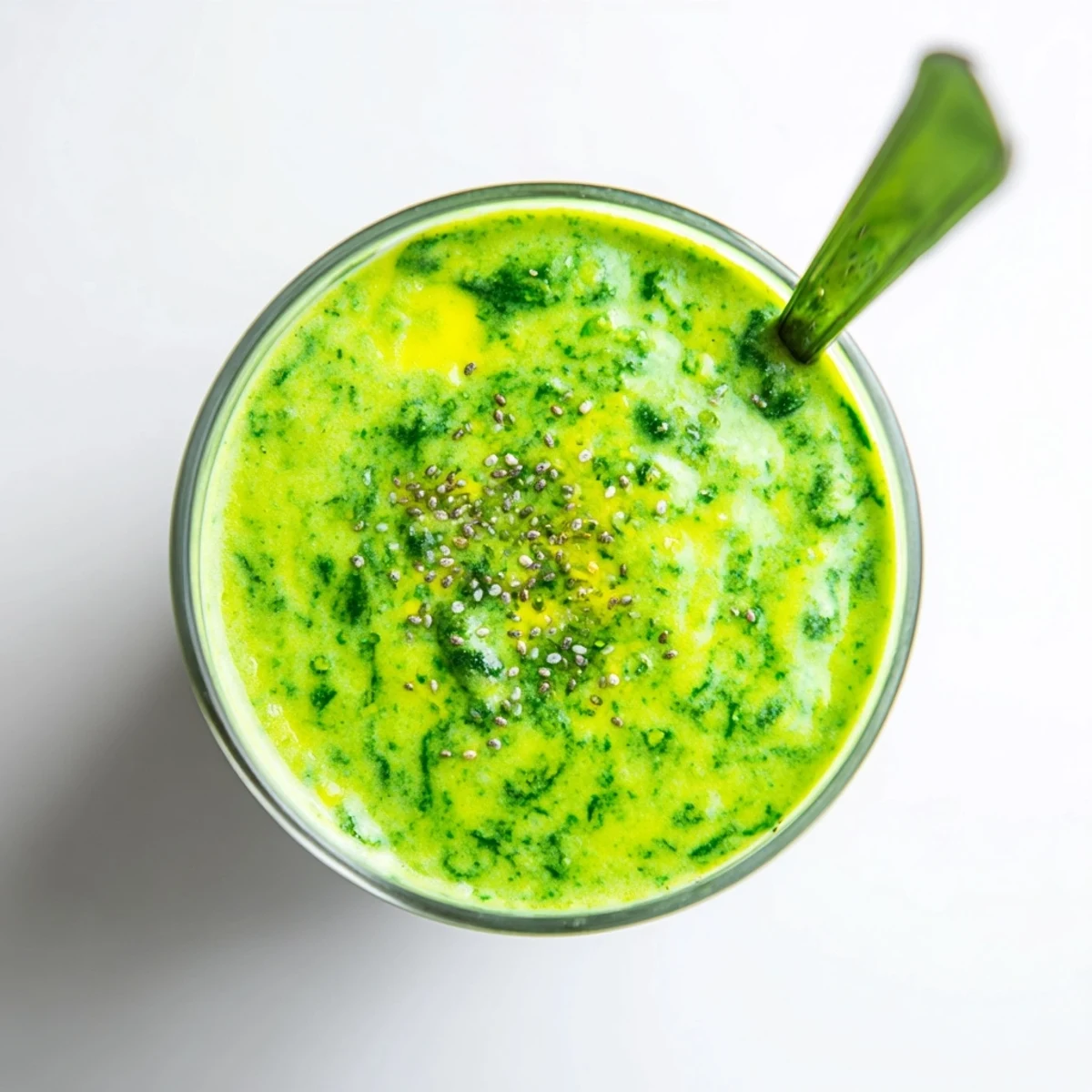 Thick Greek yogurt green smoothie topped with chia seeds and served chilled for breakfast
