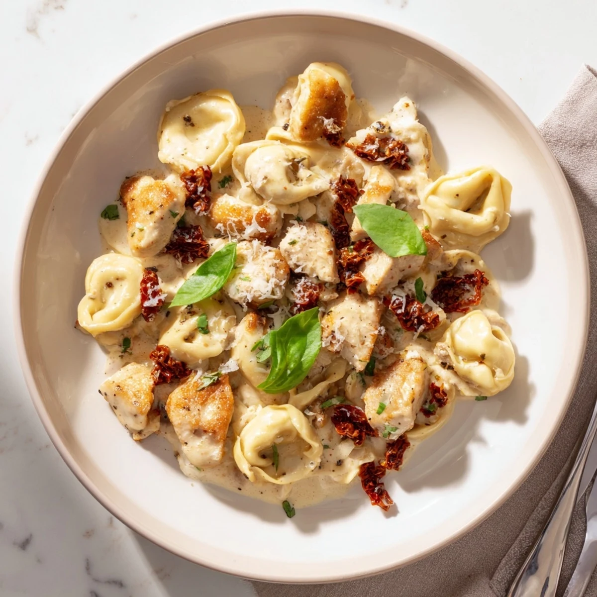 Golden chicken and cheese tortellini swimming in creamy sun-dried tomato parmesan sauce