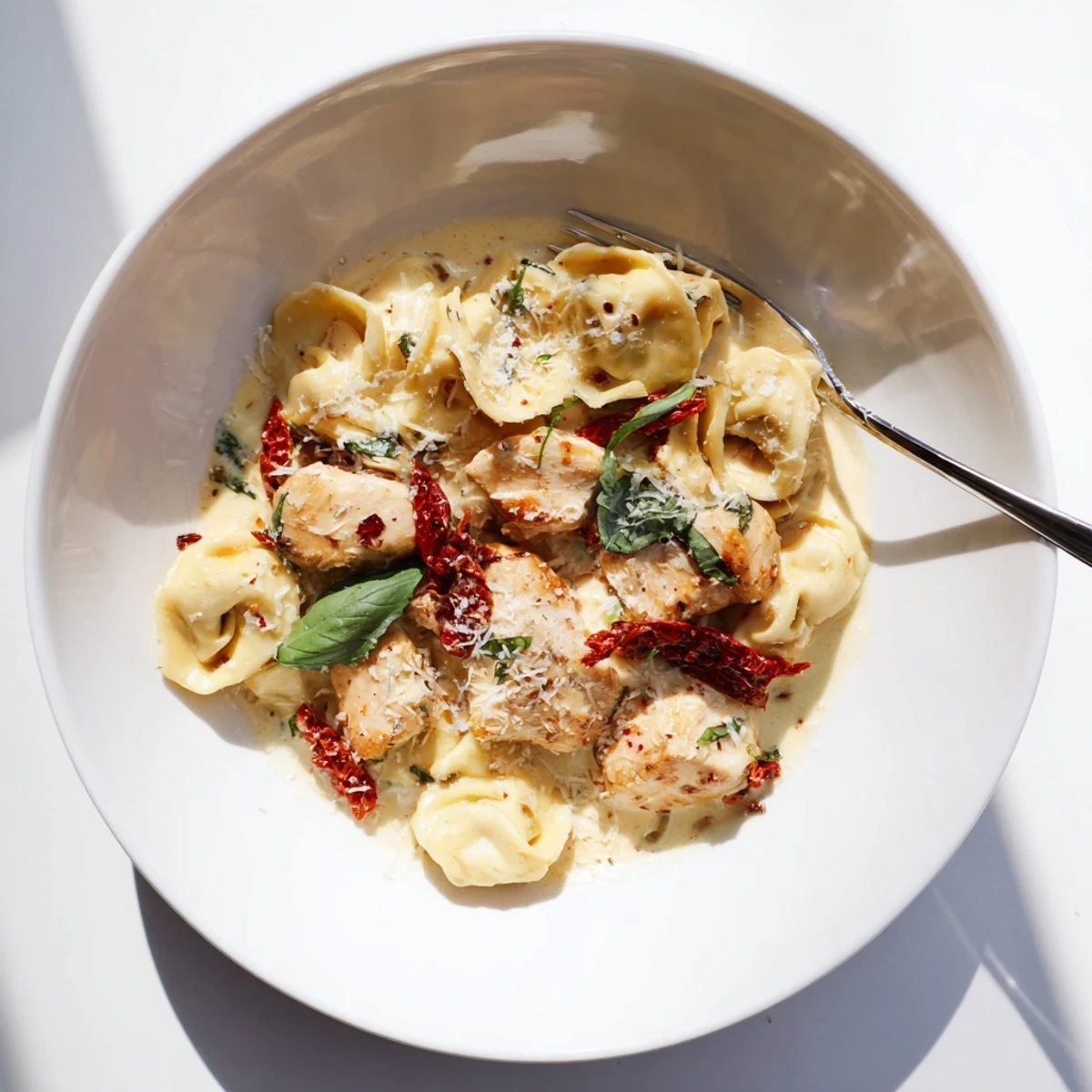 Creamy Italian-American chicken tortellini dish with sun-dried tomatoes in a rich parmesan sauce