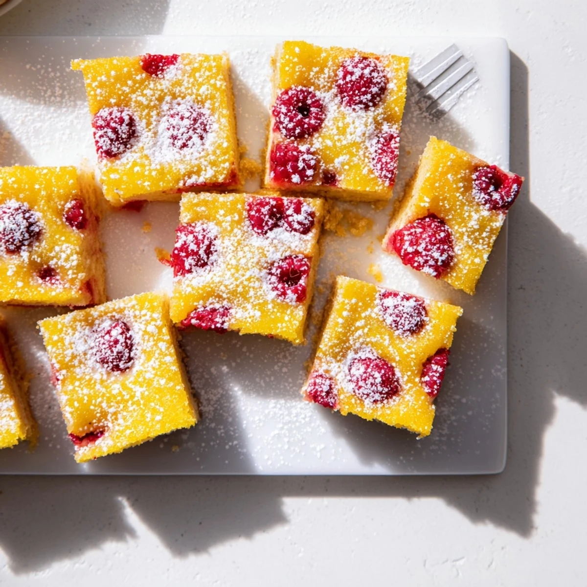Golden raspberry lemonade bars with powdered sugar dusting on a white serving plate