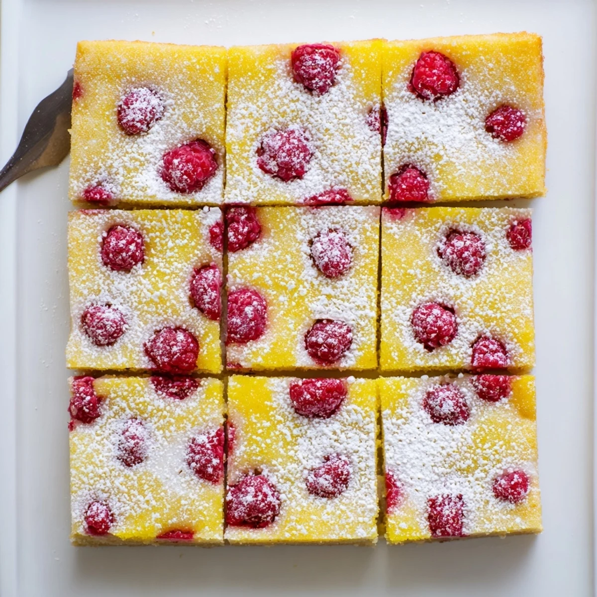 Homemade raspberry lemonade bars cut into squares with raspberries and lemon zest accents