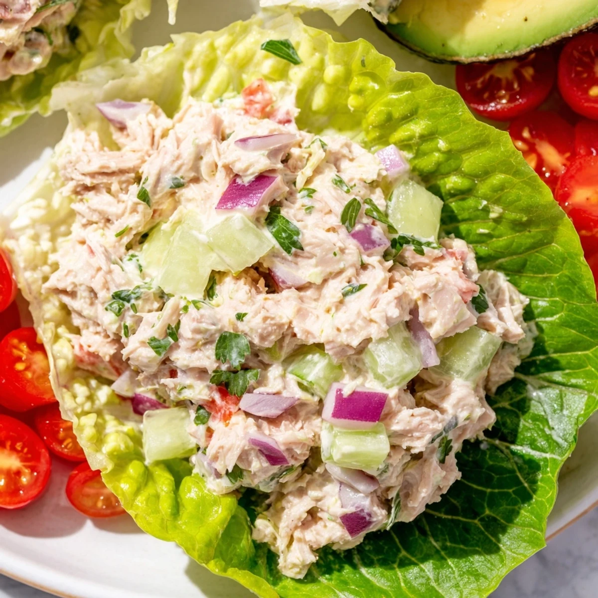 Crisp butter lettuce cups loaded with creamy zesty tuna salad and fresh diced vegetables