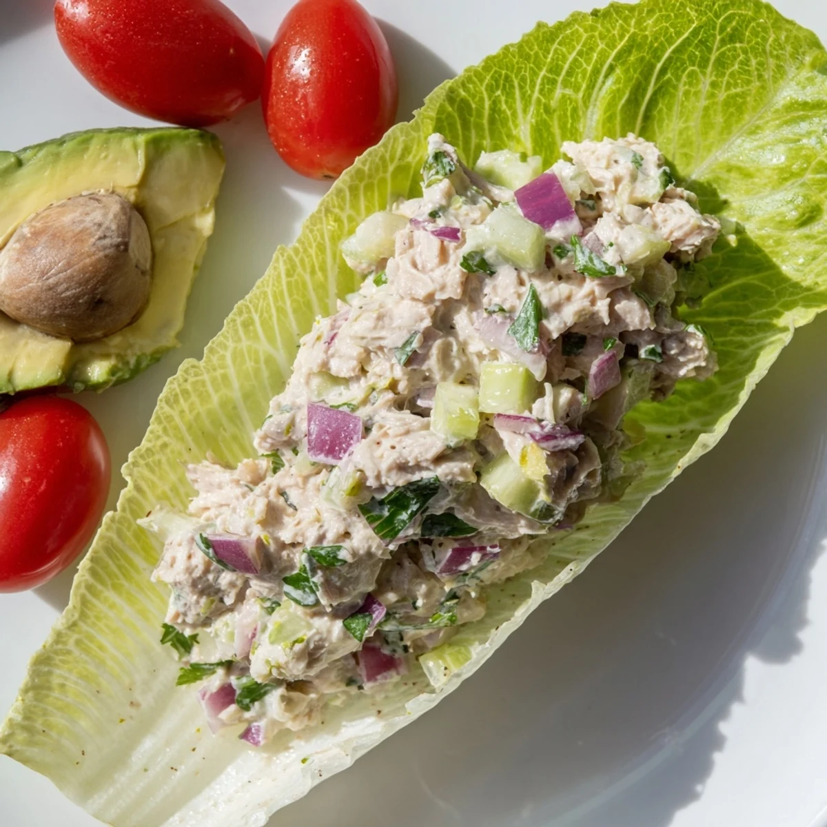 Low-carb tuna salad nestled in crunchy romaine leaves with colorful vegetable garnishes
