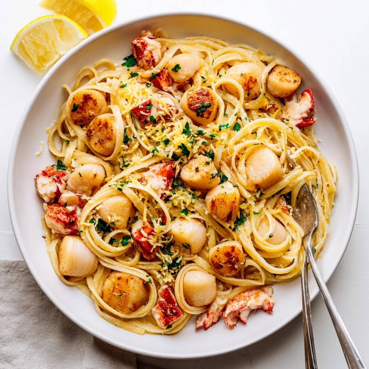 Golden lobster and scallop garlic butter linguine plated with fresh parsley and lemon wedges