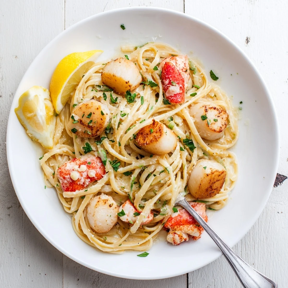 Steaming bowl of lobster and scallop garlic butter linguine tossed in glossy white wine sauce